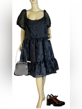 THORN & FABLE BLACK ORGANZA TIERED PUFFED SLEEVE PARTY DRESS NWT (5X)